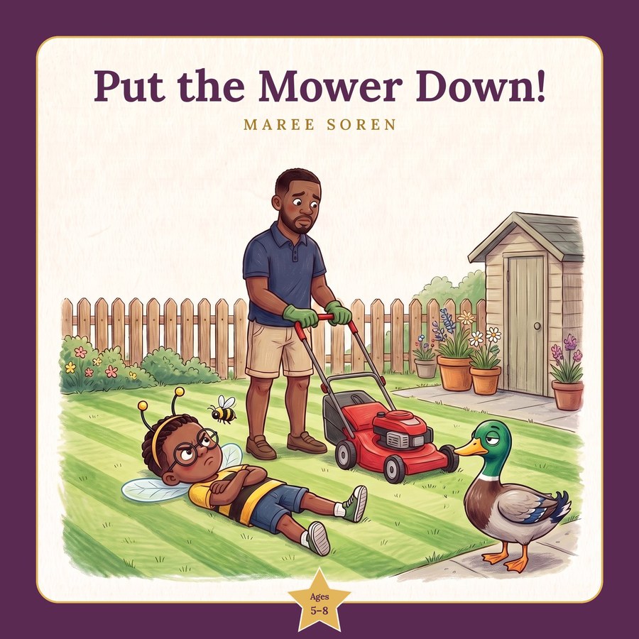 The cover of Put the Mower Down!: Zach lying on the lawn in his bee costume in front of Dad's red mower, and the duck watching