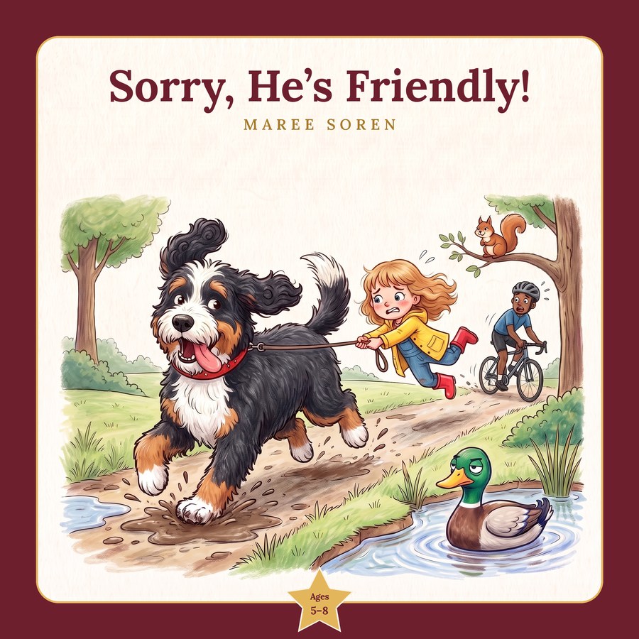 The cover of Sorry, He’s Friendly!: Moose galloping through the mud, Edie hanging on to his lead, the cyclist, and the duck in the pond